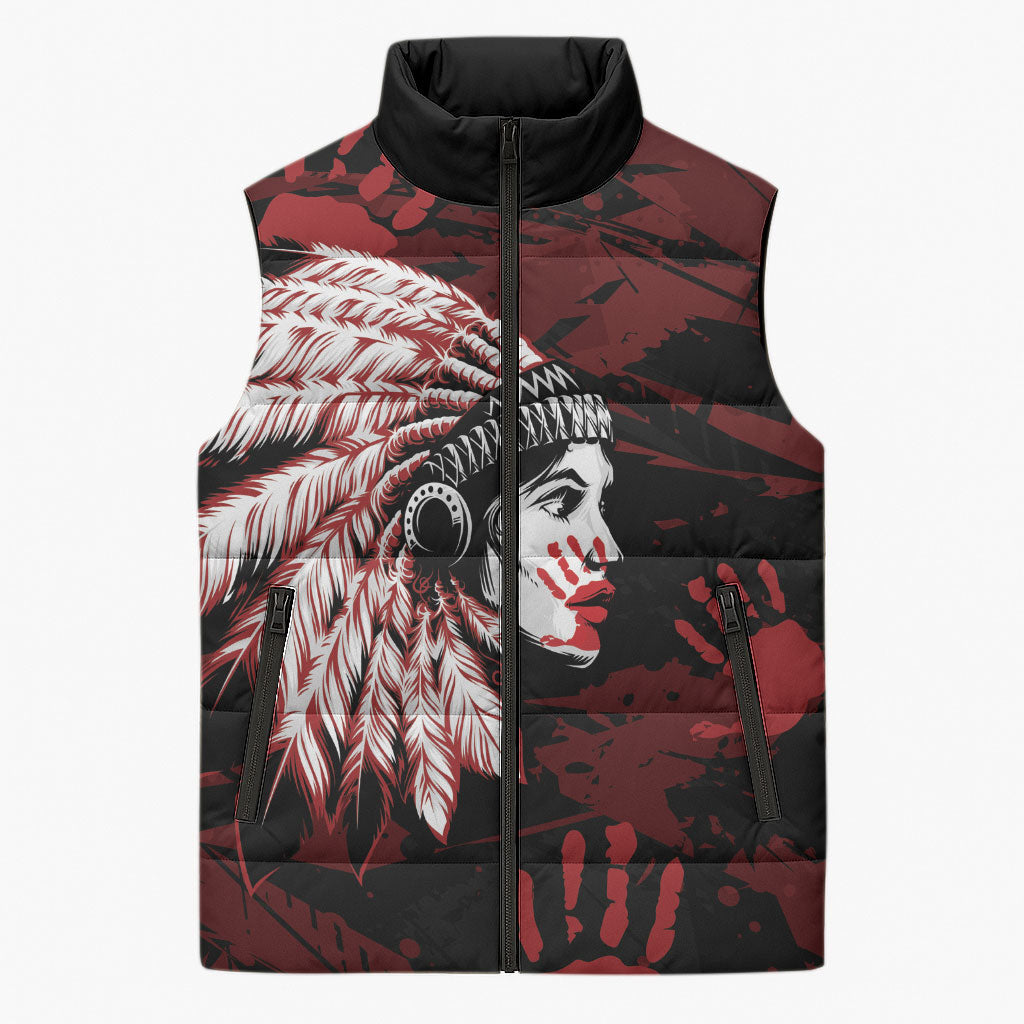 Native American MMIW Sleeveless Puffer Jacket Red Handprint Grunge Style