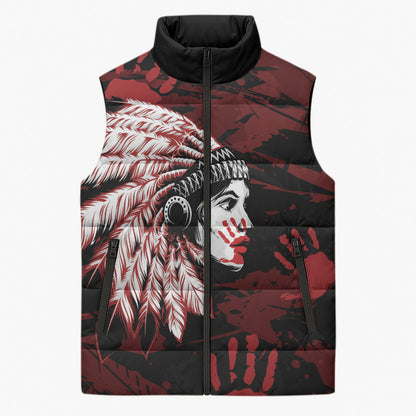 Native American MMIW Sleeveless Puffer Jacket Red Handprint Grunge Style
