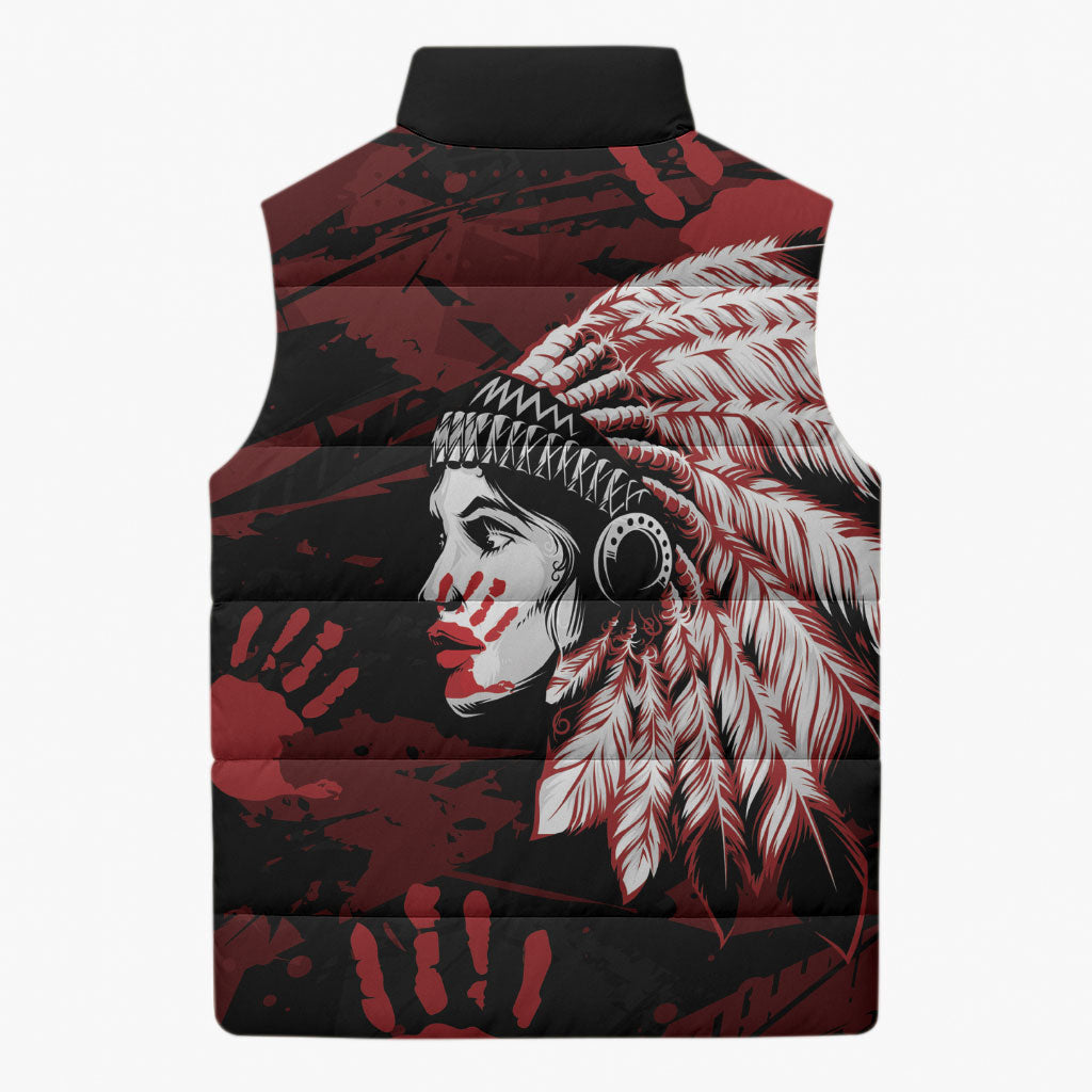 Native American MMIW Sleeveless Puffer Jacket Red Handprint Grunge Style