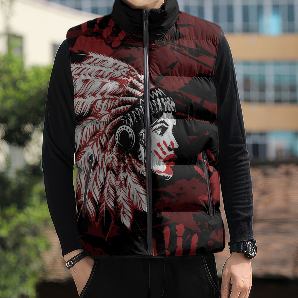 Native American MMIW Sleeveless Puffer Jacket Red Handprint Grunge Style