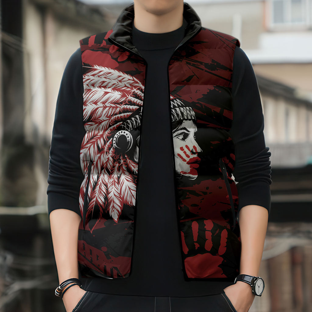 Native American MMIW Sleeveless Puffer Jacket Red Handprint Grunge Style
