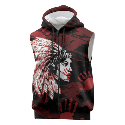 Native American MMIW Sleeveless Zip Hoodie Red Handprint Grunge Style