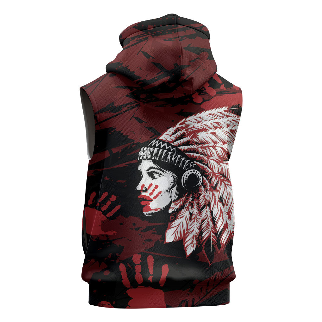 Native American MMIW Sleeveless Zip Hoodie Red Handprint Grunge Style