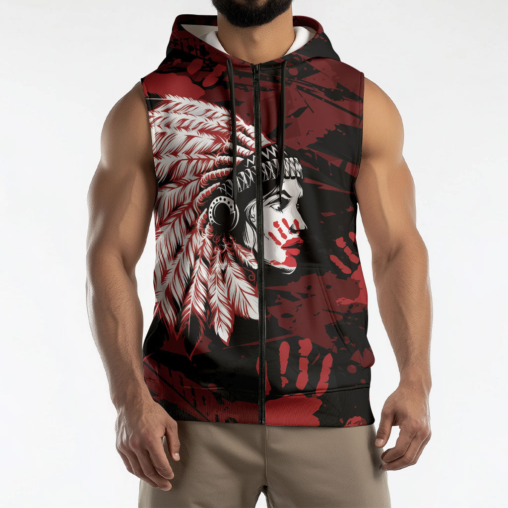 Native American MMIW Sleeveless Zip Hoodie Red Handprint Grunge Style