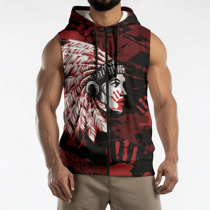 Native American MMIW Sleeveless Zip Hoodie Red Handprint Grunge Style