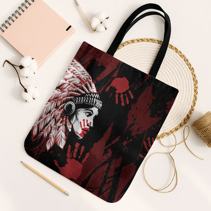 Native American MMIW Tote Bag Red Handprint Grunge Style