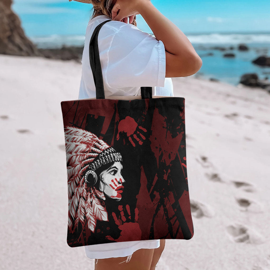 Native American MMIW Tote Bag Red Handprint Grunge Style