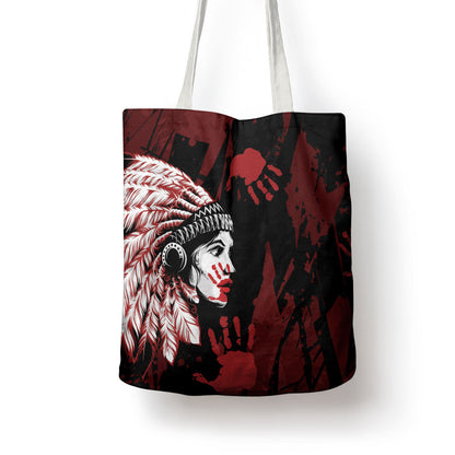 Native American MMIW Tote Bag Red Handprint Grunge Style