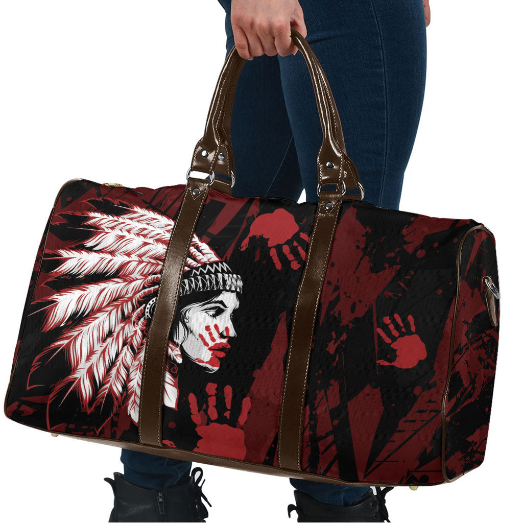Native American MMIW Travel Bag Red Handprint Grunge Style