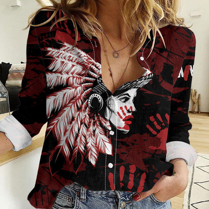 Native American MMIW Women Casual Shirt Red Handprint Grunge Style