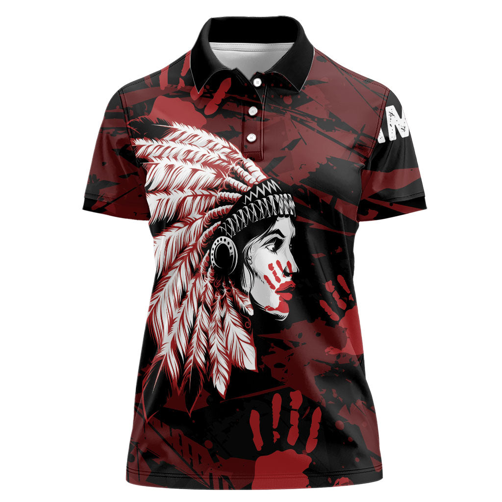 Native American MMIW Women Polo Shirt Red Handprint Grunge Style