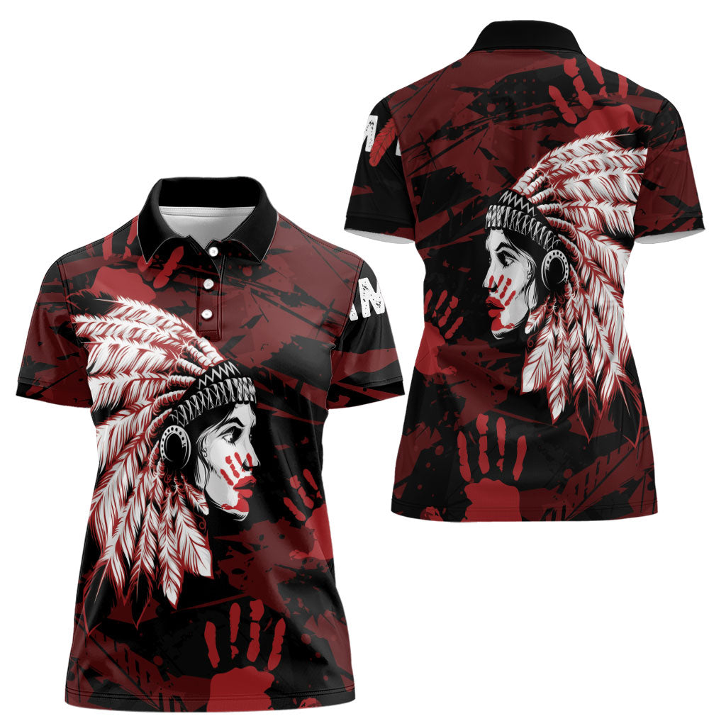 Native American MMIW Women Polo Shirt Red Handprint Grunge Style