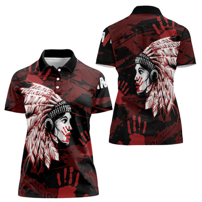 Native American MMIW Women Polo Shirt Red Handprint Grunge Style