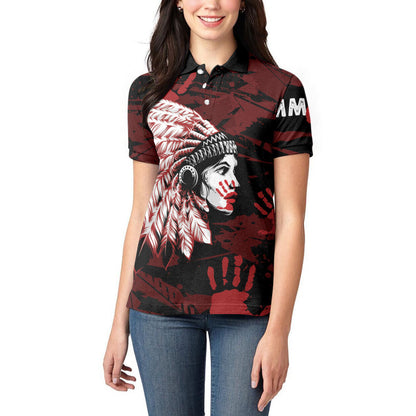 Native American MMIW Women Polo Shirt Red Handprint Grunge Style