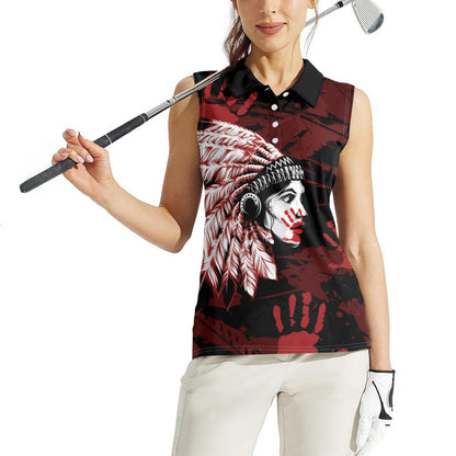 Native American MMIW Women Sleeveless Polo Shirt Red Handprint Grunge Style