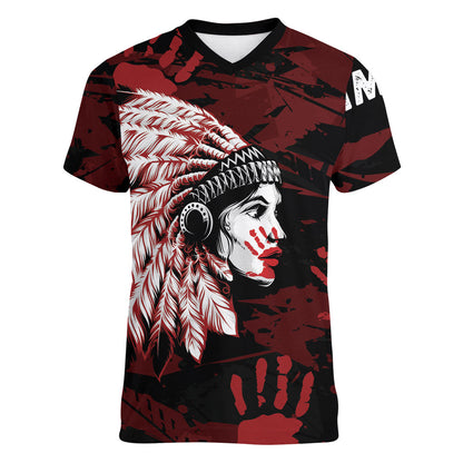Native American MMIW Women V-Neck T-Shirt Red Handprint Grunge Style