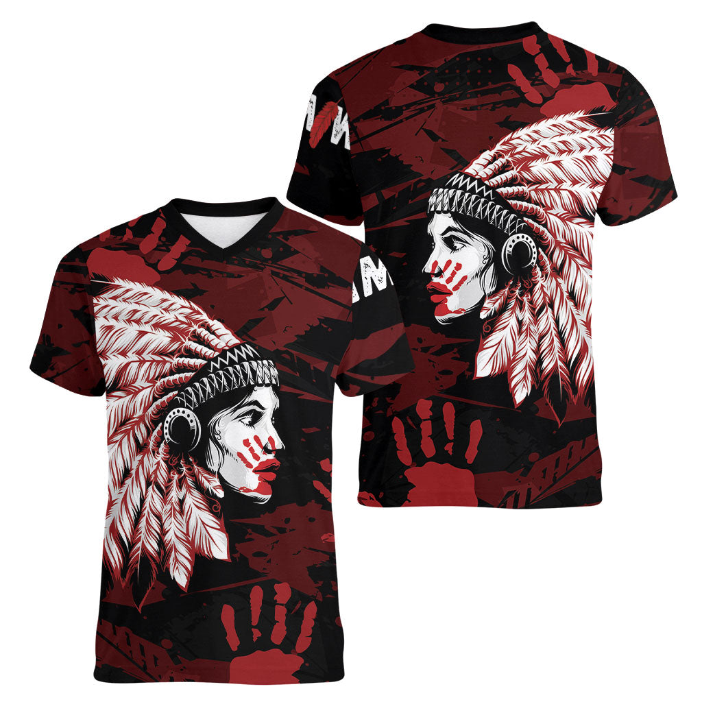 Native American MMIW Women V-Neck T-Shirt Red Handprint Grunge Style