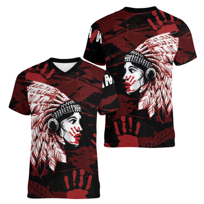 Native American MMIW Women V-Neck T-Shirt Red Handprint Grunge Style