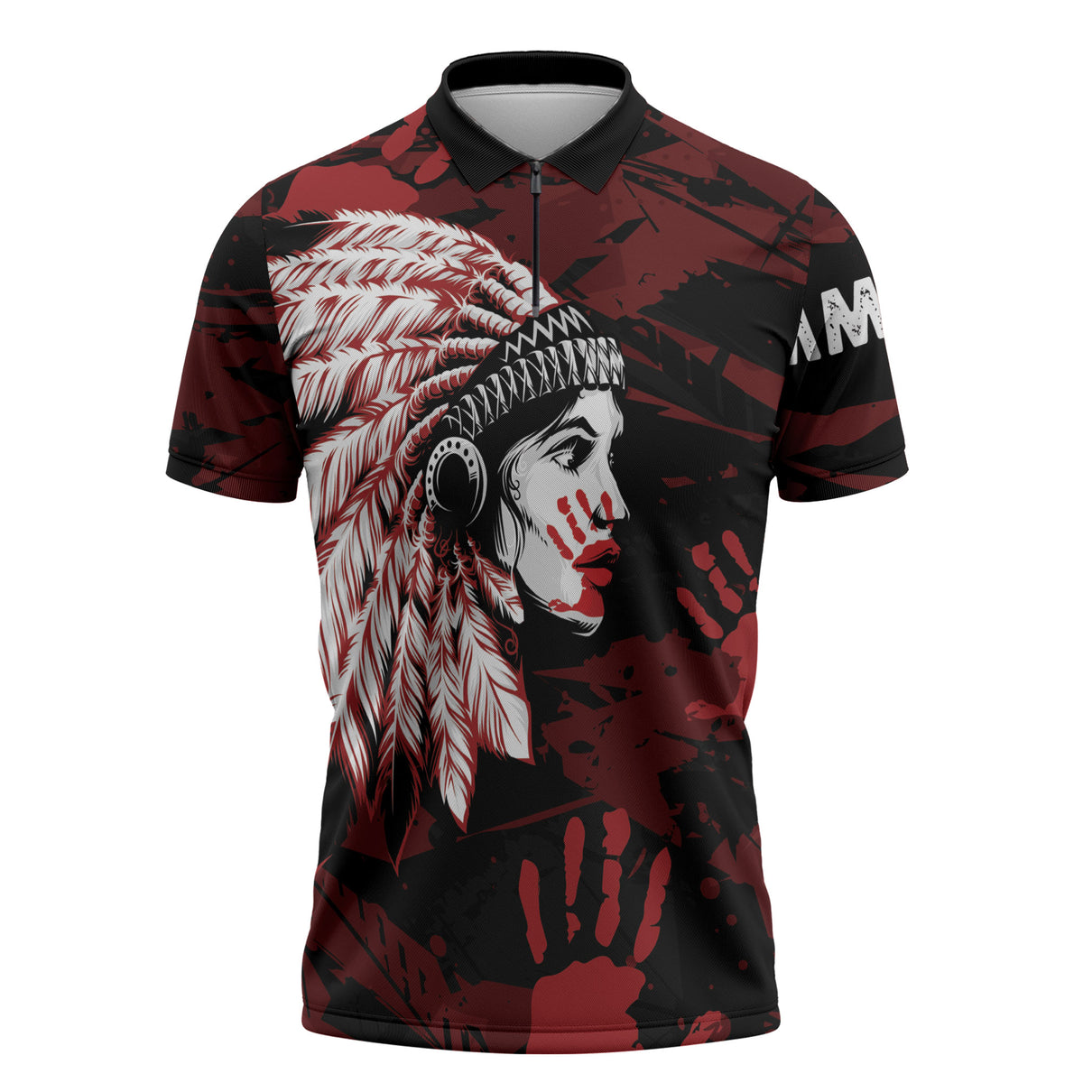 Native American MMIW Zipper Polo Shirt Red Handprint Grunge Style
