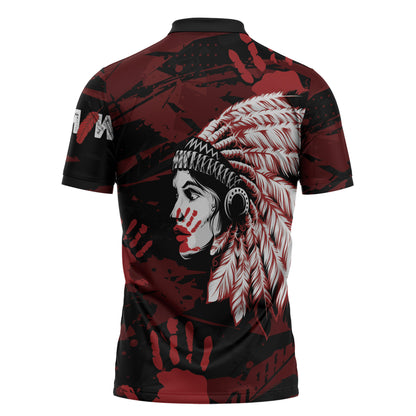 Native American MMIW Zipper Polo Shirt Red Handprint Grunge Style