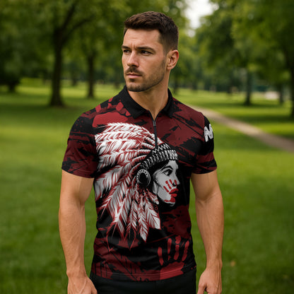 Native American MMIW Zipper Polo Shirt Red Handprint Grunge Style