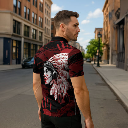 Native American MMIW Zipper Polo Shirt Red Handprint Grunge Style