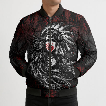 Native American MMIW Red Handprint Bomber Puffer Jacket Dreamcatcher