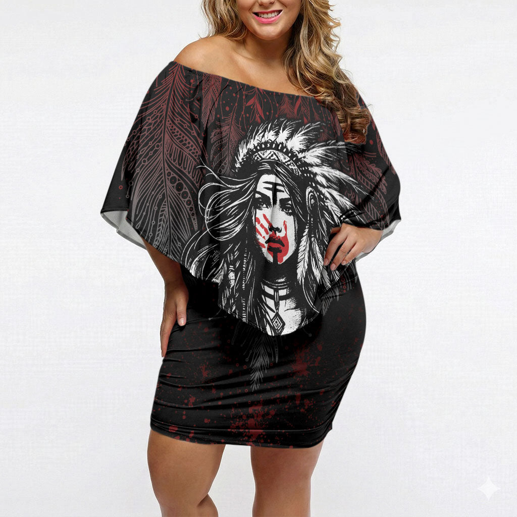 Native American MMIW Red Handprint Off Shoulder Short Dress Dreamcatcher