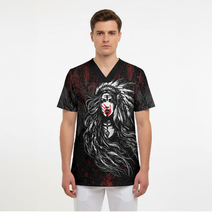 Native American MMIW Red Handprint Scrub Top Dreamcatcher