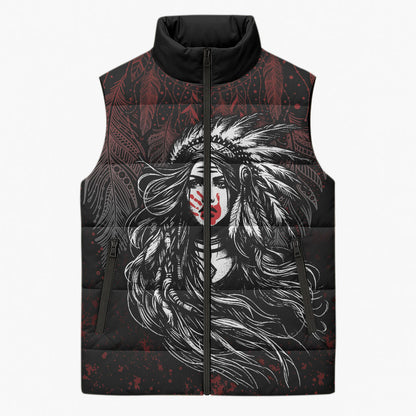 Native American MMIW Red Handprint Sleeveless Puffer Jacket Dreamcatcher