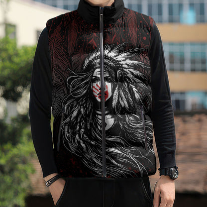 Native American MMIW Red Handprint Sleeveless Puffer Jacket Dreamcatcher
