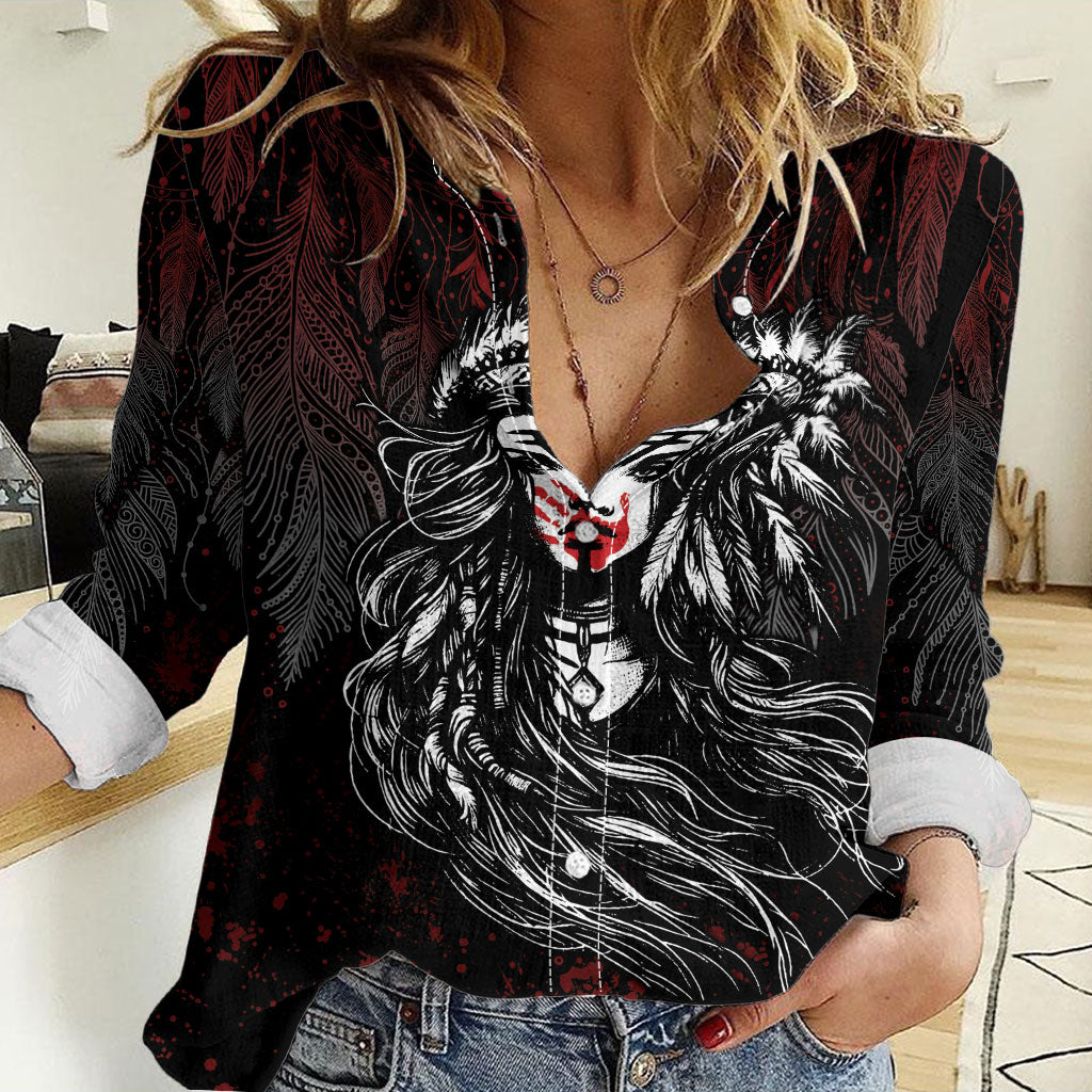 Native American MMIW Red Handprint Women Casual Shirt Dreamcatcher