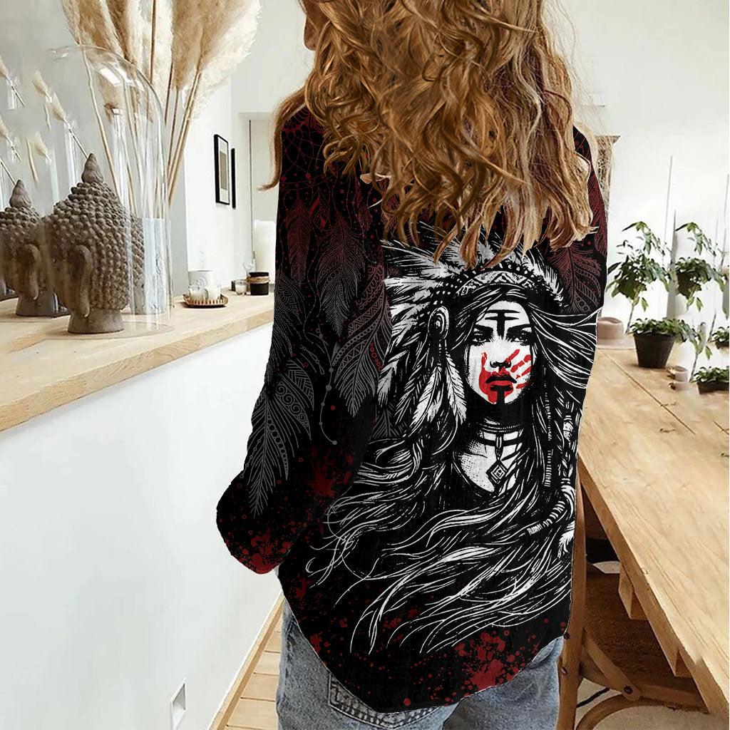 Native American MMIW Red Handprint Women Casual Shirt Dreamcatcher