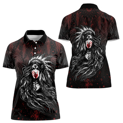 Native American MMIW Red Handprint Women Polo Shirt Dreamcatcher