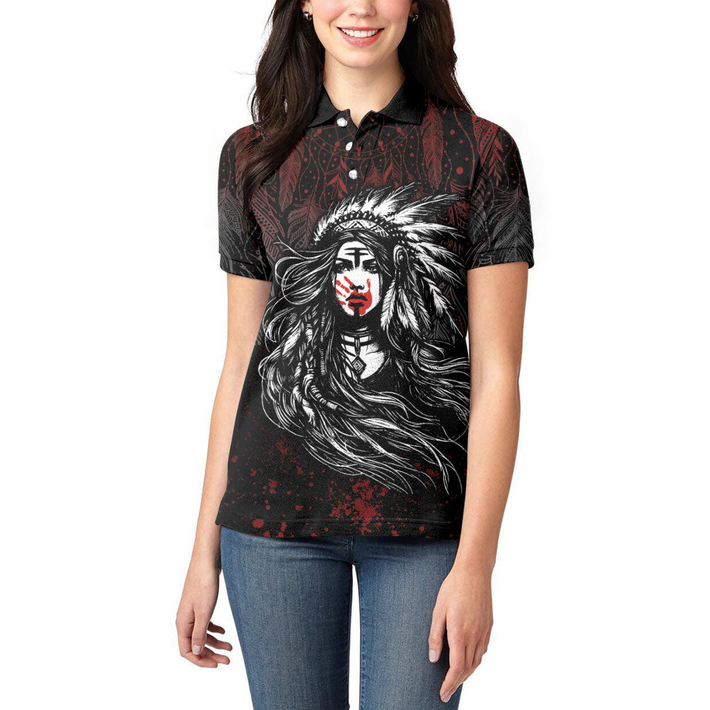 Native American MMIW Red Handprint Women Polo Shirt Dreamcatcher