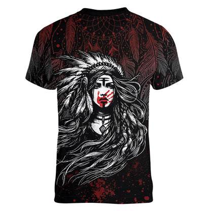 Native American MMIW Red Handprint Women V-Neck T-Shirt Dreamcatcher