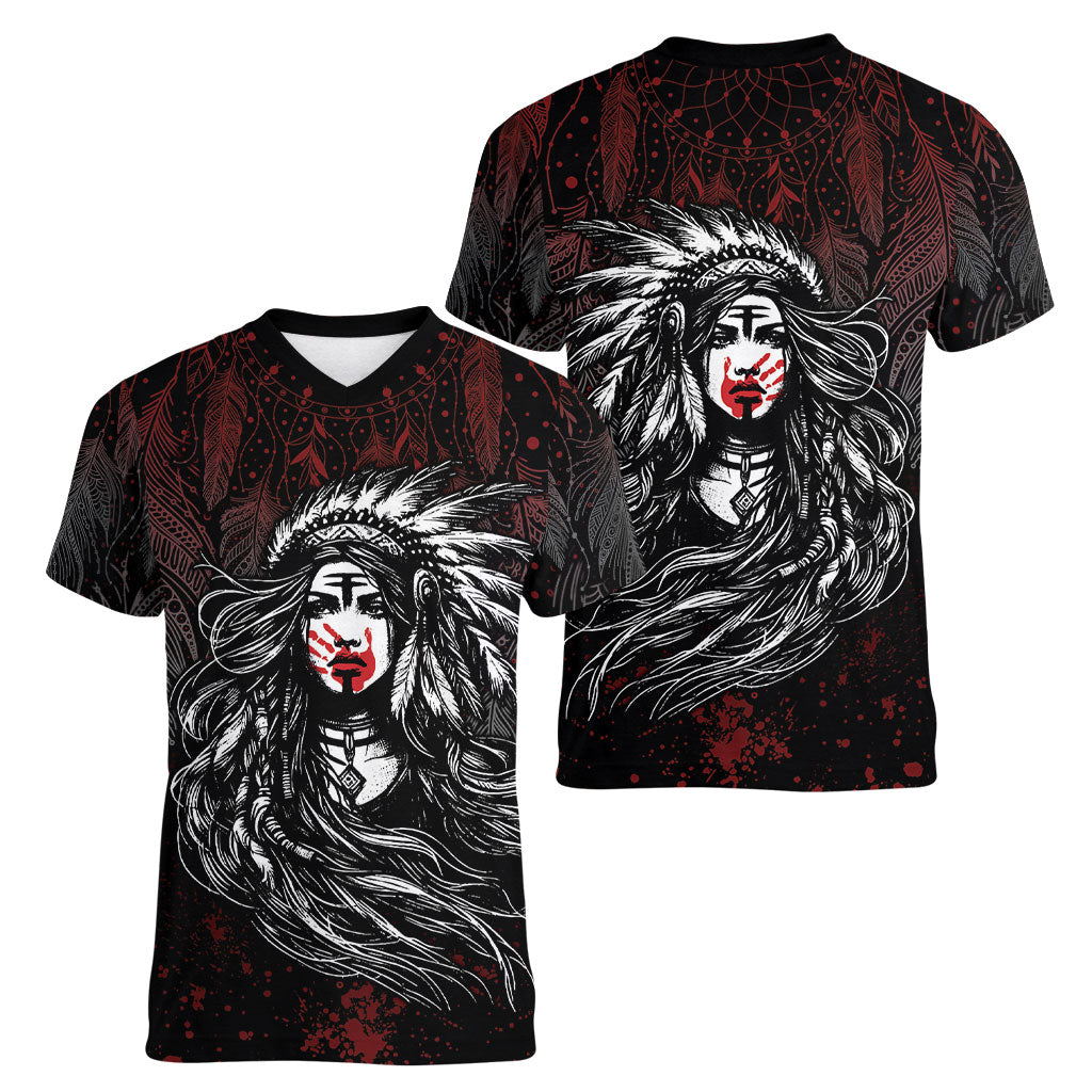 Native American MMIW Red Handprint Women V-Neck T-Shirt Dreamcatcher