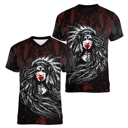 Native American MMIW Red Handprint Women V-Neck T-Shirt Dreamcatcher