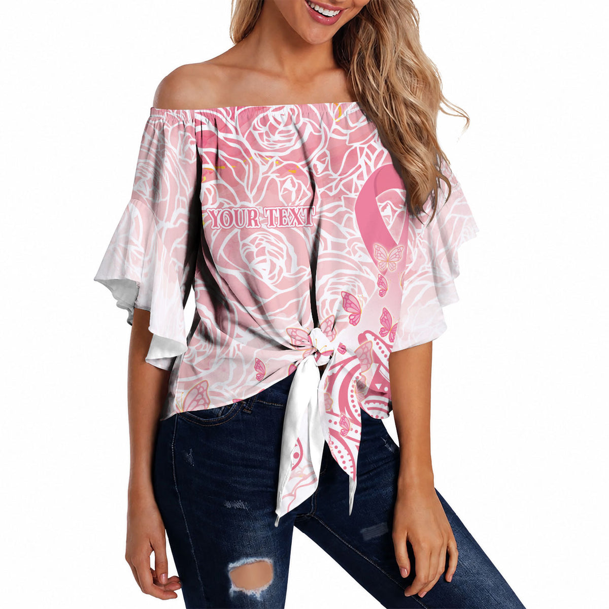 Australia Personalized Off Shoulder Wrap Waist Top Breast Cancer Pink Ribbon - Marble Roses
