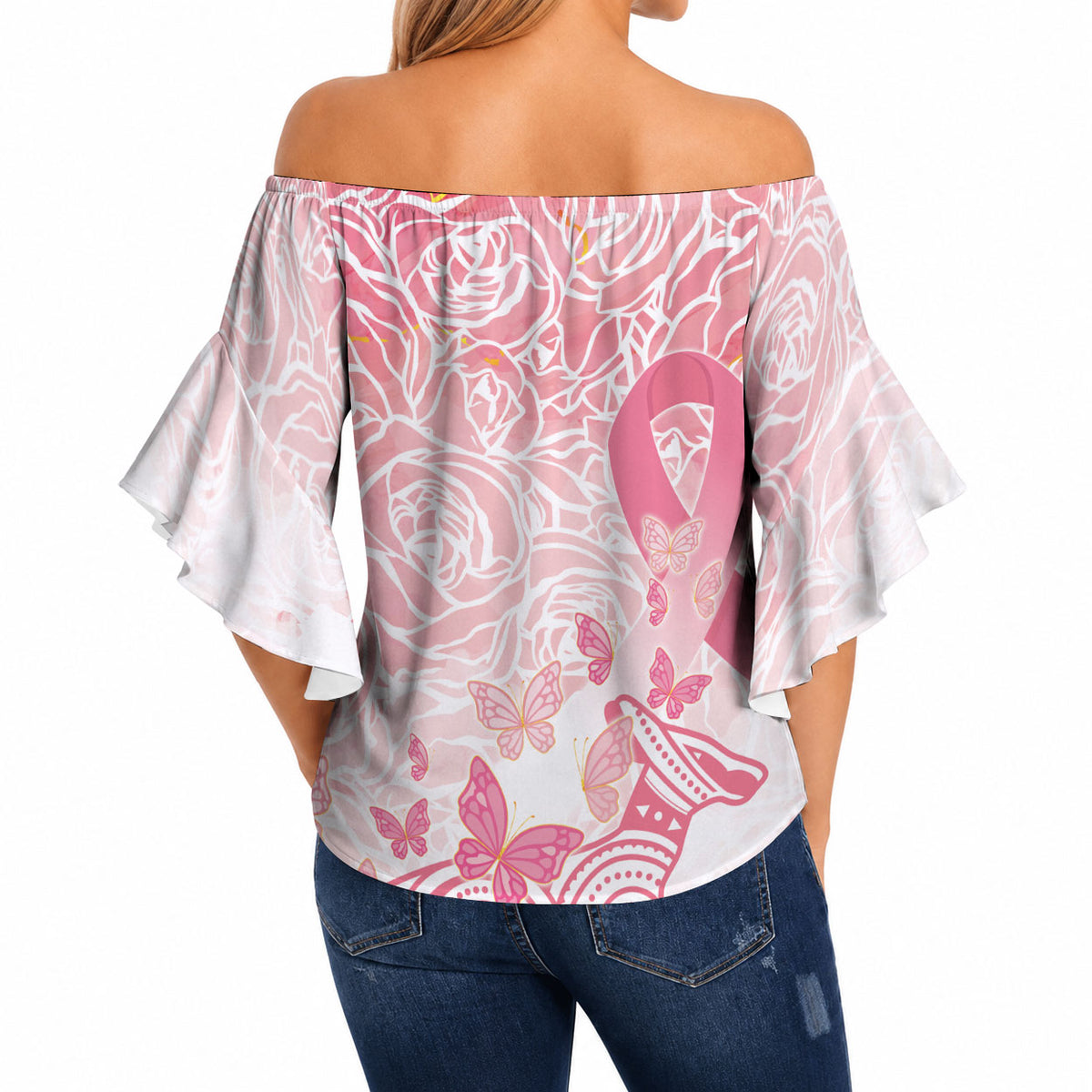 Australia Personalized Off Shoulder Wrap Waist Top Breast Cancer Pink Ribbon - Marble Roses