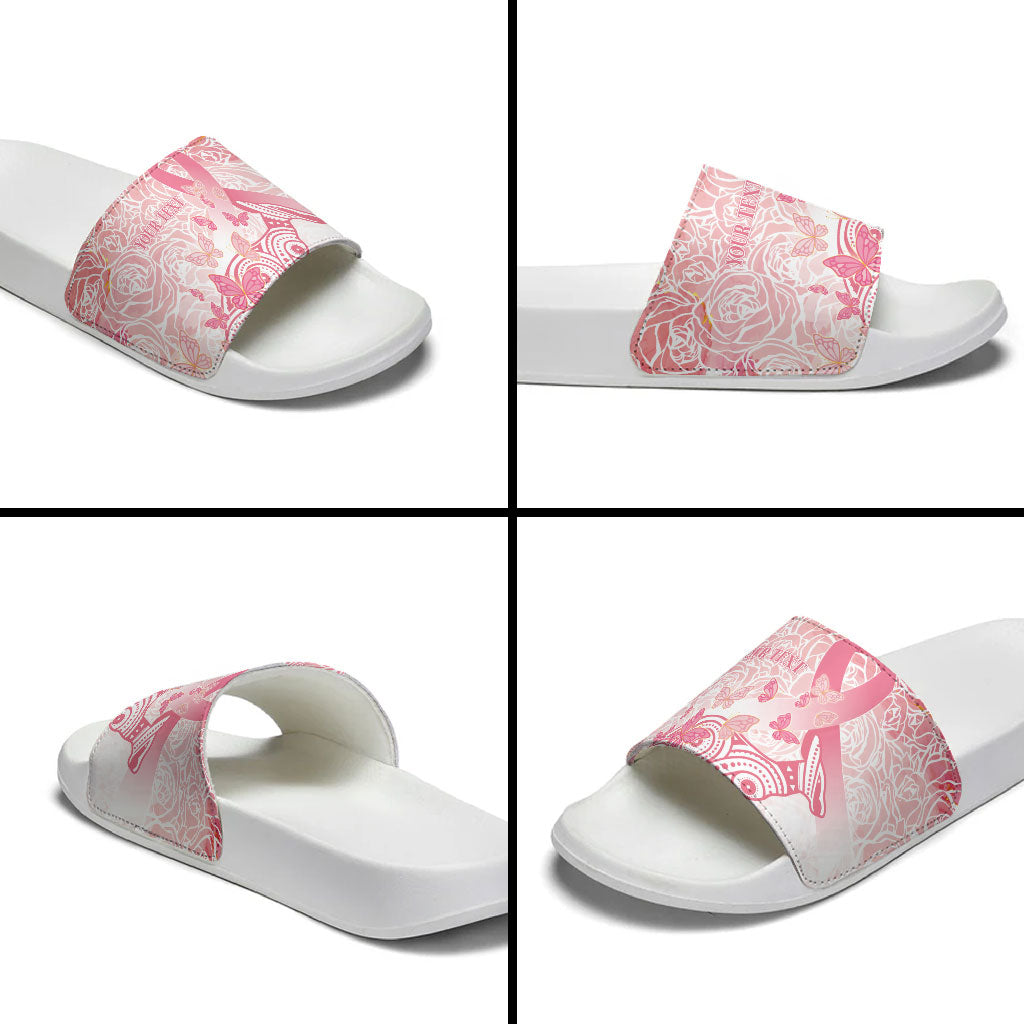 Australia Personalized Slide Sandals Breast Cancer Pink Ribbon - Marble Roses
