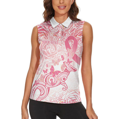 Australia Personalized Women Sleeveless Polo Shirt Breast Cancer Pink Ribbon - Marble Roses