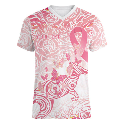 Australia Personalized Women V-Neck T-Shirt Breast Cancer Pink Ribbon - Marble Roses