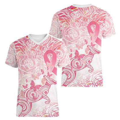 Australia Personalized Women V-Neck T-Shirt Breast Cancer Pink Ribbon - Marble Roses