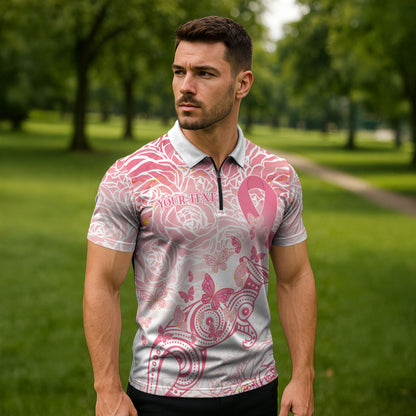 Australia Personalized Zipper Polo Shirt Breast Cancer Pink Ribbon - Marble Roses