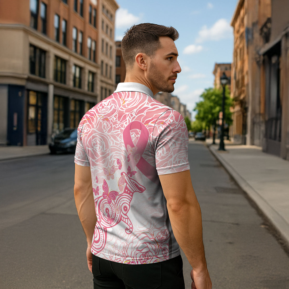 Australia Personalized Zipper Polo Shirt Breast Cancer Pink Ribbon - Marble Roses