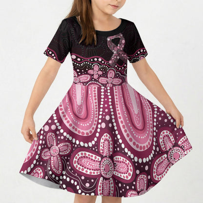 Australia Indigenous Personalized Kid Short Sleeve Dress Aboriginal Pink Ribbon Art