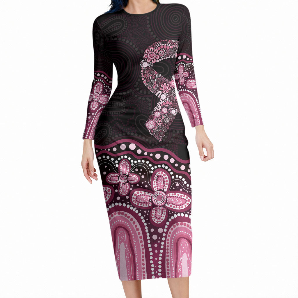 Australia Indigenous Personalized Long Sleeve Bodycon Dress Aboriginal Pink Ribbon Art