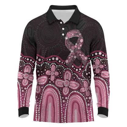 Australia Indigenous Personalized Long Sleeve Polo Shirt Aboriginal Pink Ribbon Art