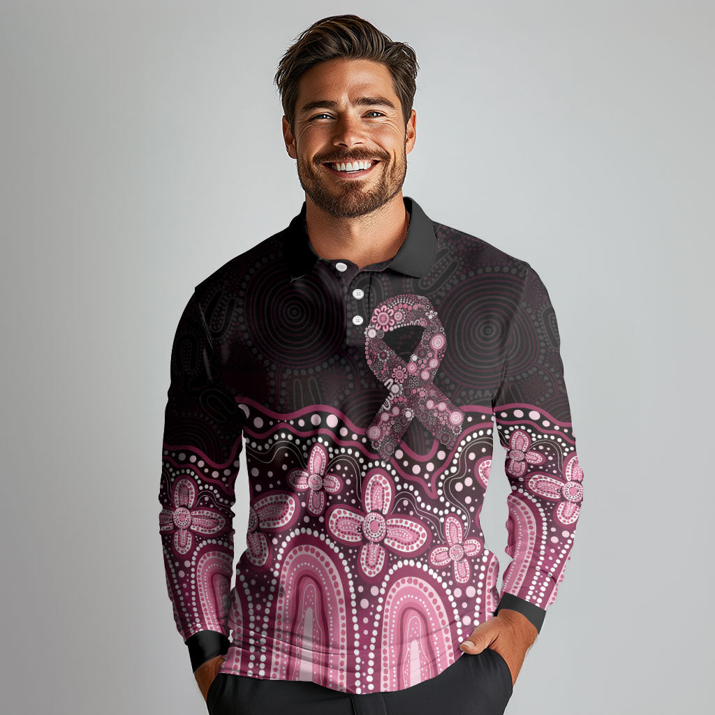 Australia Indigenous Personalized Long Sleeve Polo Shirt Aboriginal Pink Ribbon Art